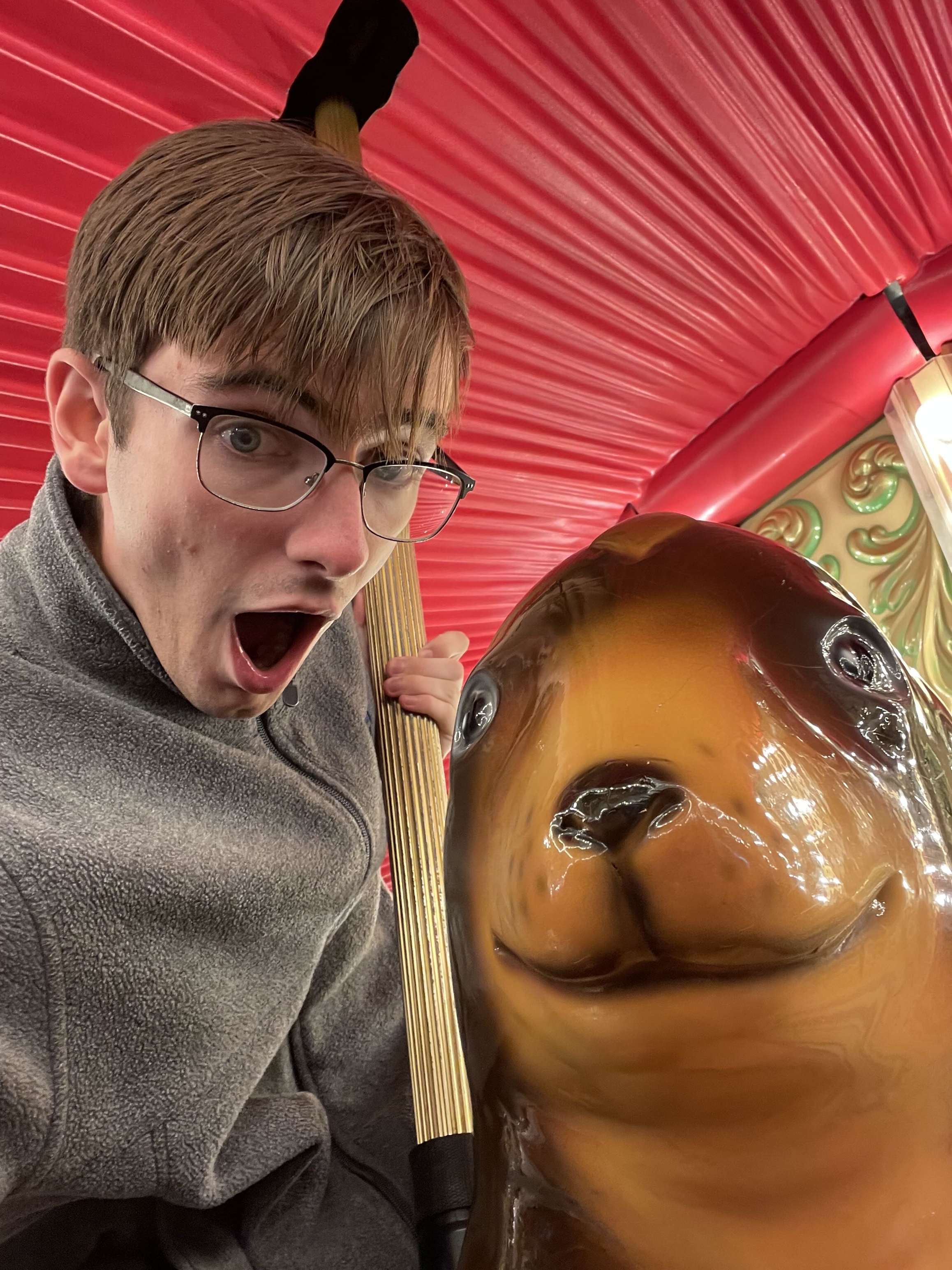 Me riding on the seal on Pier 39's Carousel