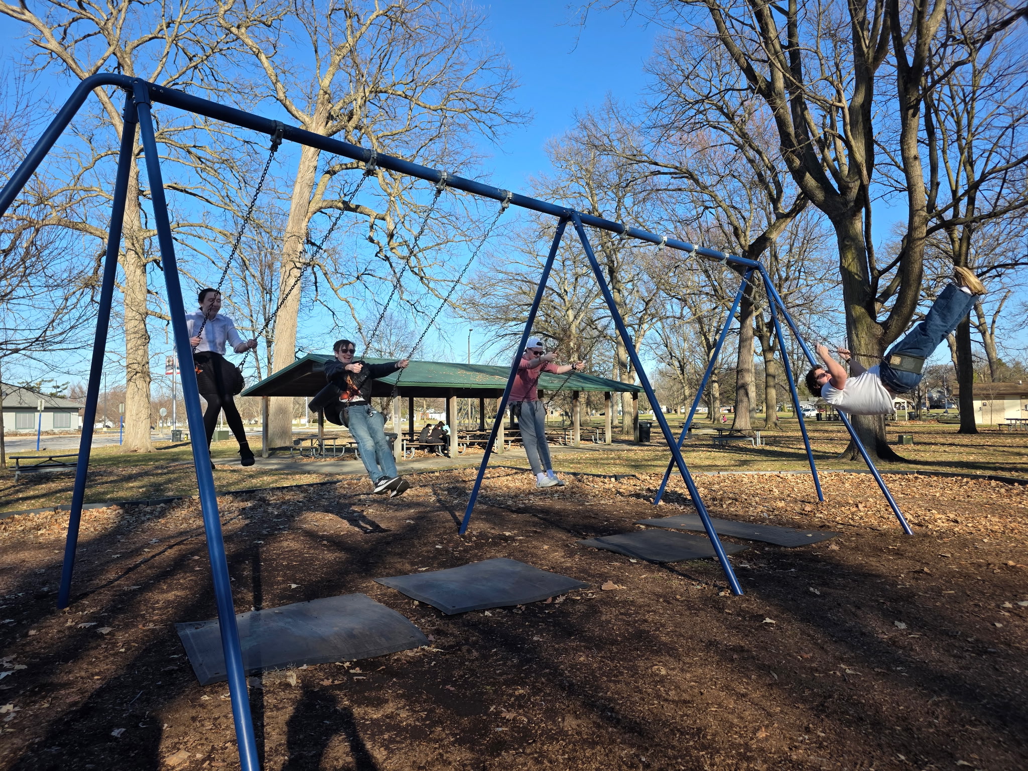 Daisy, Alex, Liam, and Evan on the Swings